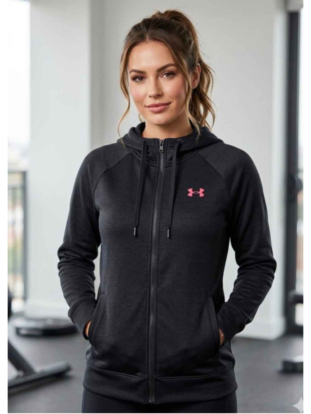 Ladies Under Armour Black Hoodie with Pink Logo Zip-Up Sweatshirt outdoors 1398